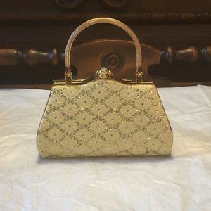 Yellow Fabric Gold Case Clutch Purse Jewel Clasp
